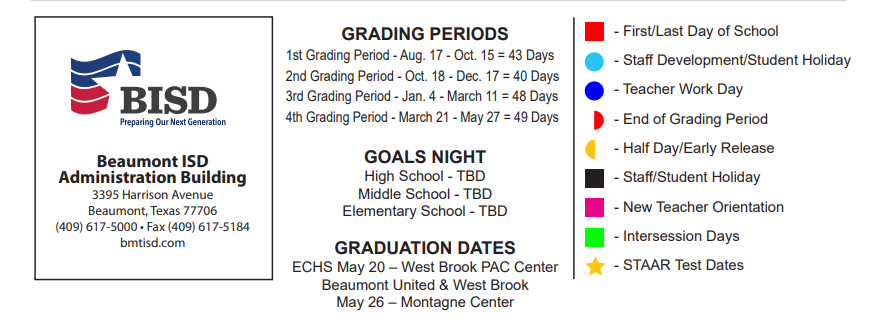 District School Academic Calendar Key for Bingman Head Start