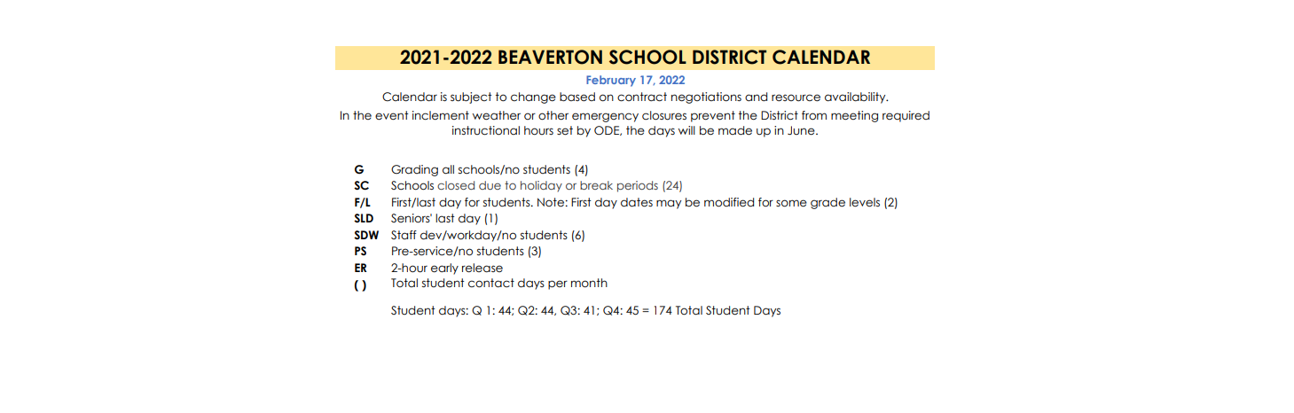 District School Academic Calendar Key for Cedar Mill Elementary School