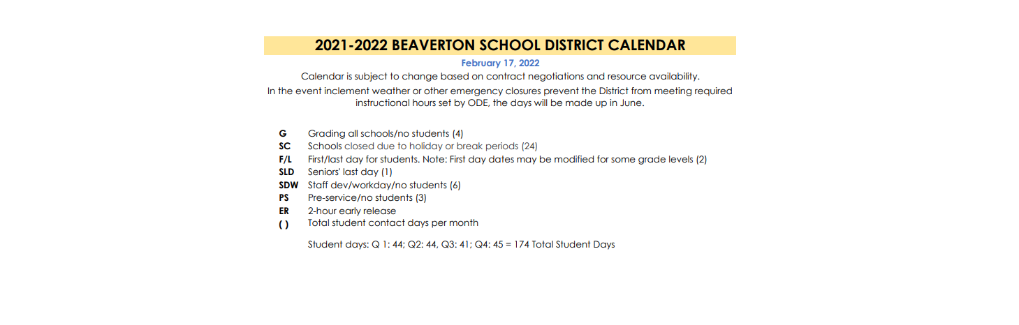 District School Academic Calendar Key for Sexton Mountain Elementary School