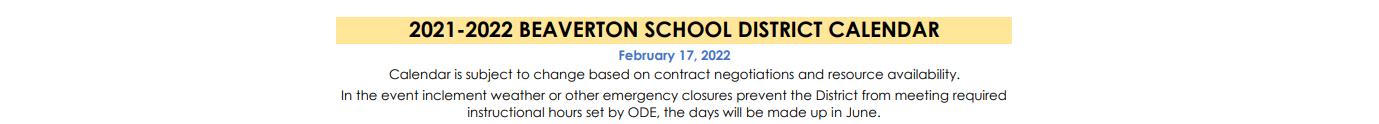 District School Academic Calendar for International School Of Beaverton--high