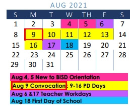 District School Academic Calendar for R A Hall Elementary for August 2021