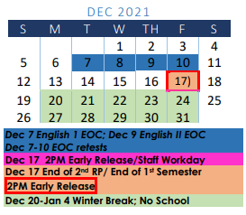 District School Academic Calendar for A C Jones High School for December 2021