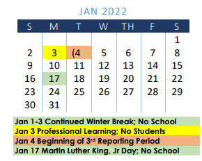 District School Academic Calendar for Learning Resource Center for January 2022