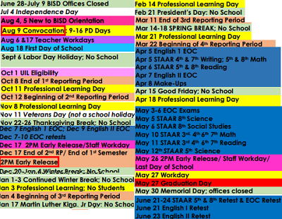 District School Academic Calendar Legend for Thomas Jefferson Int