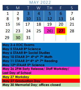 District School Academic Calendar for Learning Resource Center for May 2022