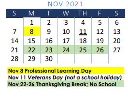 District School Academic Calendar for Learning Resource Center for November 2021