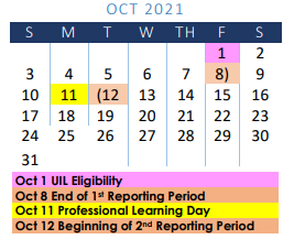 District School Academic Calendar for Moreno J H for October 2021