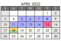 District School Academic Calendar for Spicer Alter Ed Ctr for April 2022