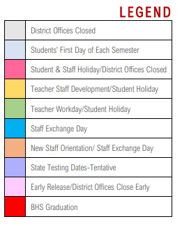 District School Academic Calendar Legend for Bellville Junior High