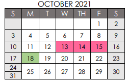 District School Academic Calendar for Spicer Alter Ed Ctr for October 2021
