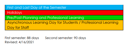 District School Academic Calendar Legend for Alexander II Magnet School