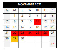 District School Academic Calendar for Weaver Middle School for November 2021