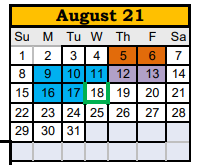 District School Academic Calendar for Big Spring Aep for August 2021