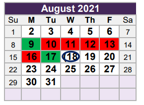 District School Academic Calendar for South Birdville Elementary for August 2021