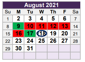 District School Academic Calendar for Homebound for August 2021