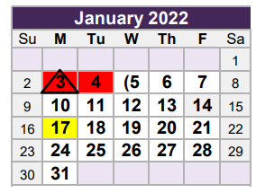 District School Academic Calendar for W A Porter Elementary for January 2022