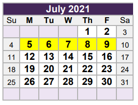 District School Academic Calendar for Birdville Elementary for July 2021