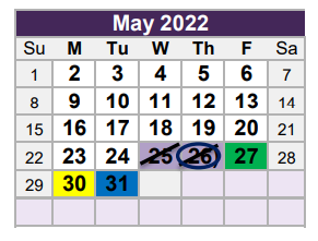 District School Academic Calendar for W A Porter Elementary for May 2022