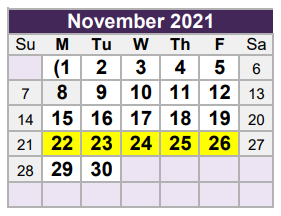 District School Academic Calendar for W A Porter Elementary for November 2021