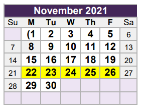 District School Academic Calendar for North Oaks Middle for November 2021