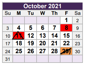 District School Academic Calendar for W A Porter Elementary for October 2021
