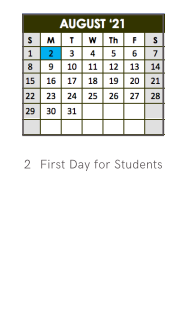 District School Academic Calendar for Hill Elementary School for August 2021