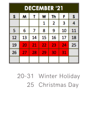 District School Academic Calendar for Epic School for December 2021