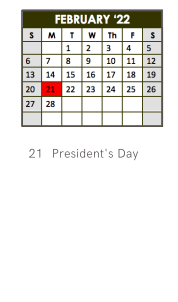 District School Academic Calendar for Epic School for February 2022