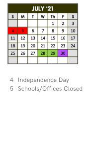 District School Academic Calendar for Hudson K-eight School for July 2021