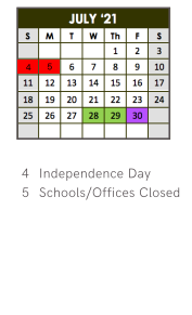 District School Academic Calendar for Epic School for July 2021