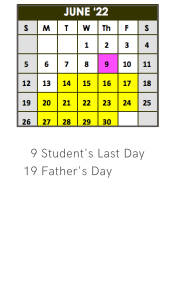 District School Academic Calendar for Workshop Incorporate for June 2022