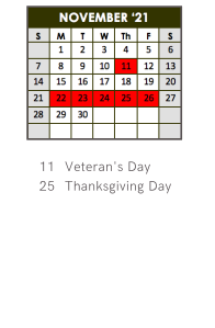 District School Academic Calendar for Engle Day Treatment for November 2021