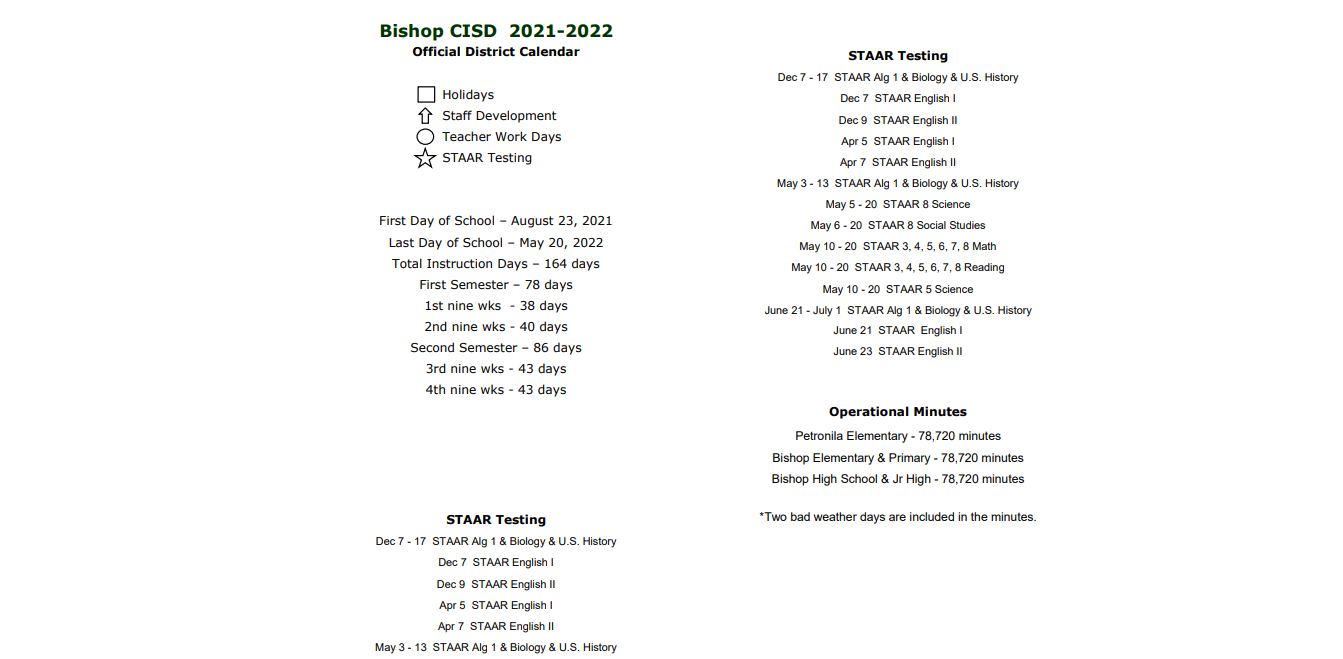 District School Academic Calendar Key for Bishop Elementary