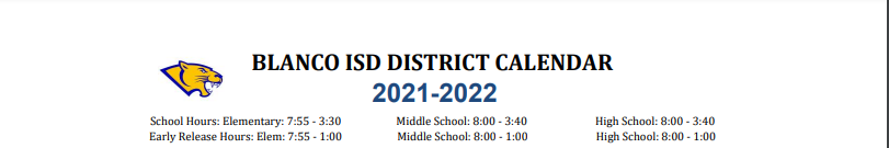 District School Academic Calendar for Blanco Middle