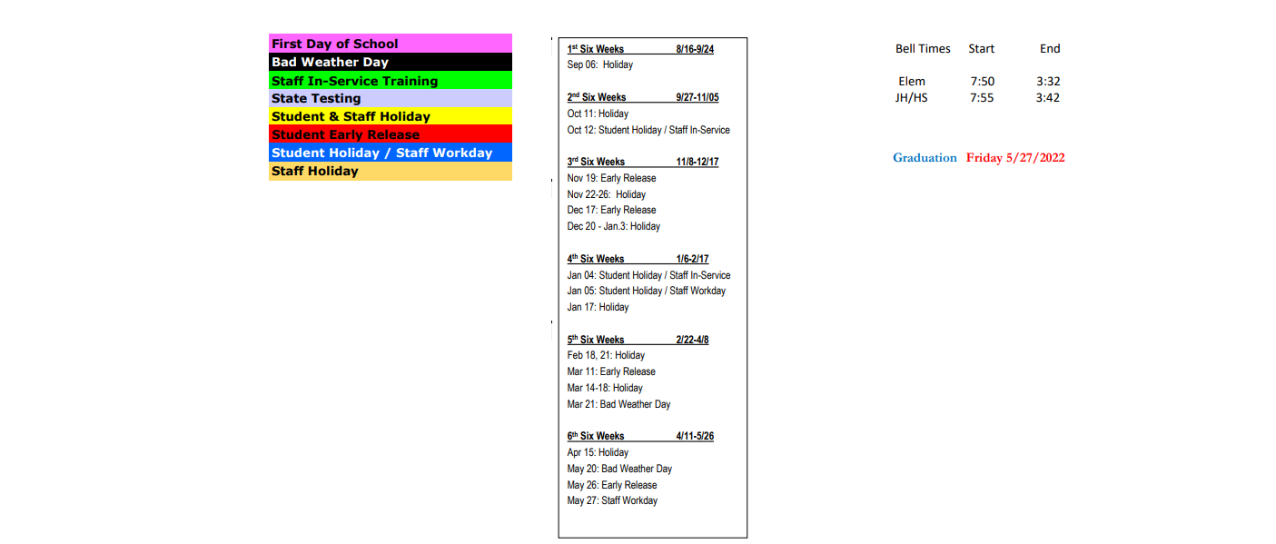 District School Academic Calendar Key for Blooming Grove Junior High