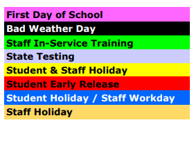 District School Academic Calendar Legend for Blooming Grove Junior High