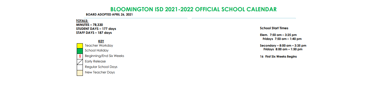 District School Academic Calendar Key for Bloomington Elementary