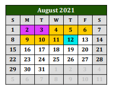 District School Academic Calendar for John R Roach for August 2021