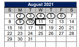 District School Academic Calendar for Curington Elementary for August 2021