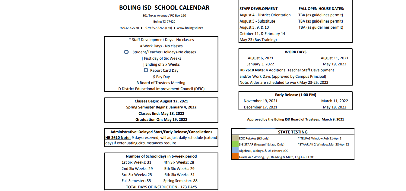 District School Academic Calendar Key for Boling High School