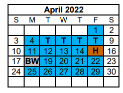 District School Academic Calendar for Special Assign Ctr for April 2022