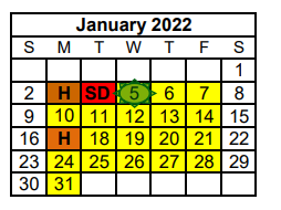 District School Academic Calendar for Special Assign Ctr for January 2022