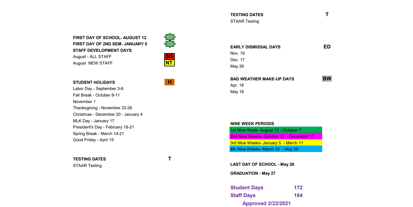 District School Academic Calendar Key for Special Assign Ctr