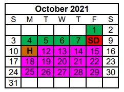 District School Academic Calendar for Special Assign Ctr for October 2021