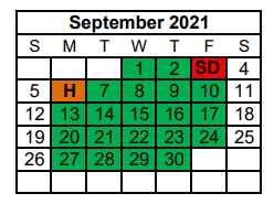 District School Academic Calendar for Special Assign Ctr for September 2021