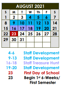 District School Academic Calendar for Borger Middle for August 2021
