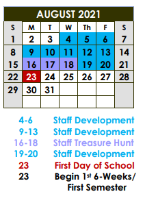 District School Academic Calendar for Crockett Elementary for August 2021