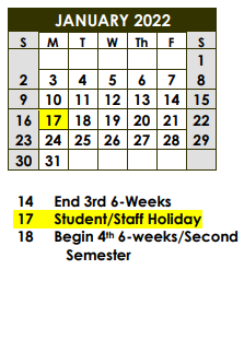 District School Academic Calendar for Borger H S for January 2022