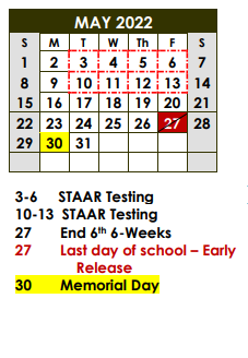 District School Academic Calendar for Borger H S for May 2022