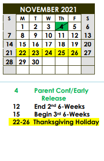 District School Academic Calendar for Paul Belton Early Childhood Center for November 2021
